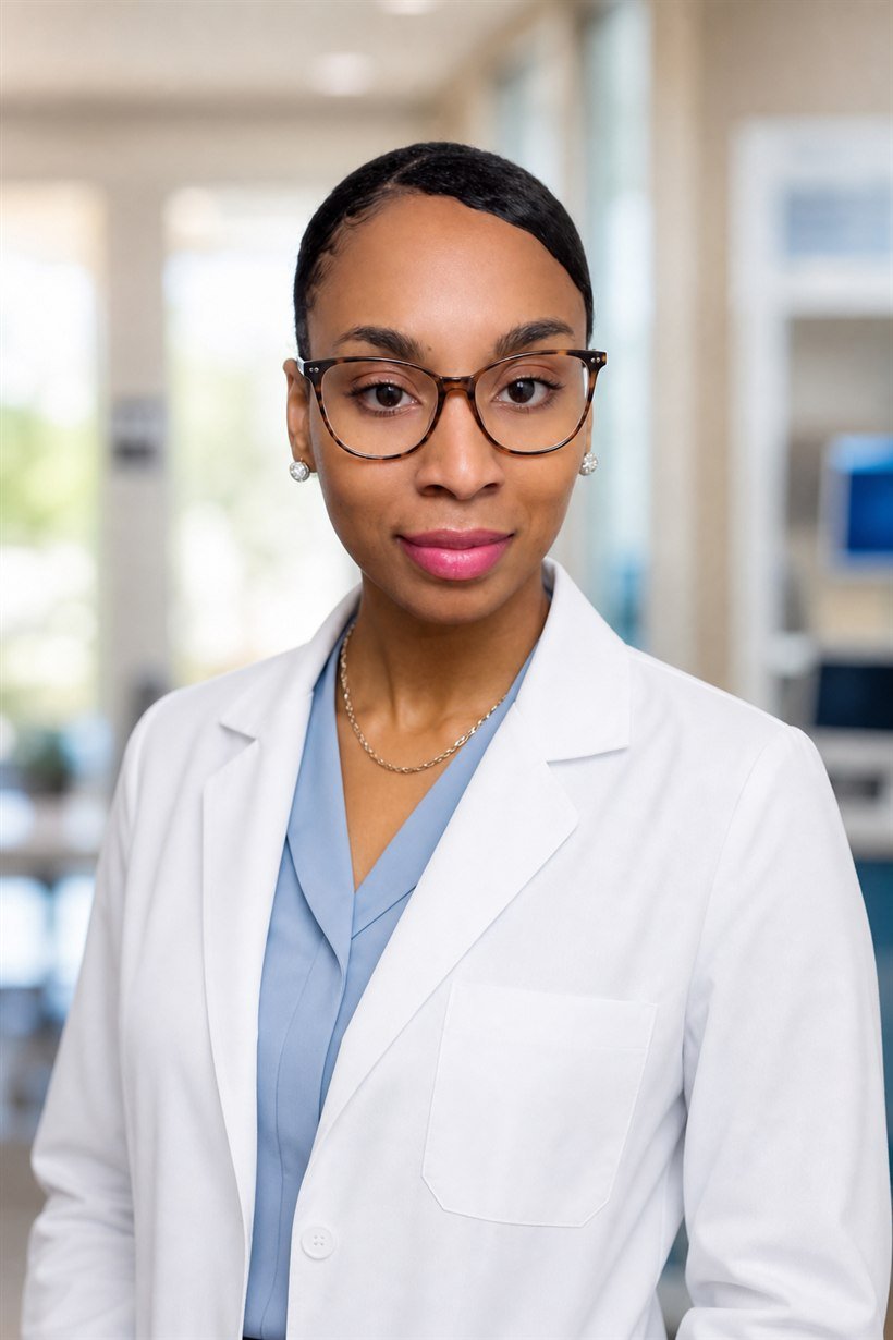 Maria Bernier, BSN, RN, wearing a white lab coat in a clinical setting